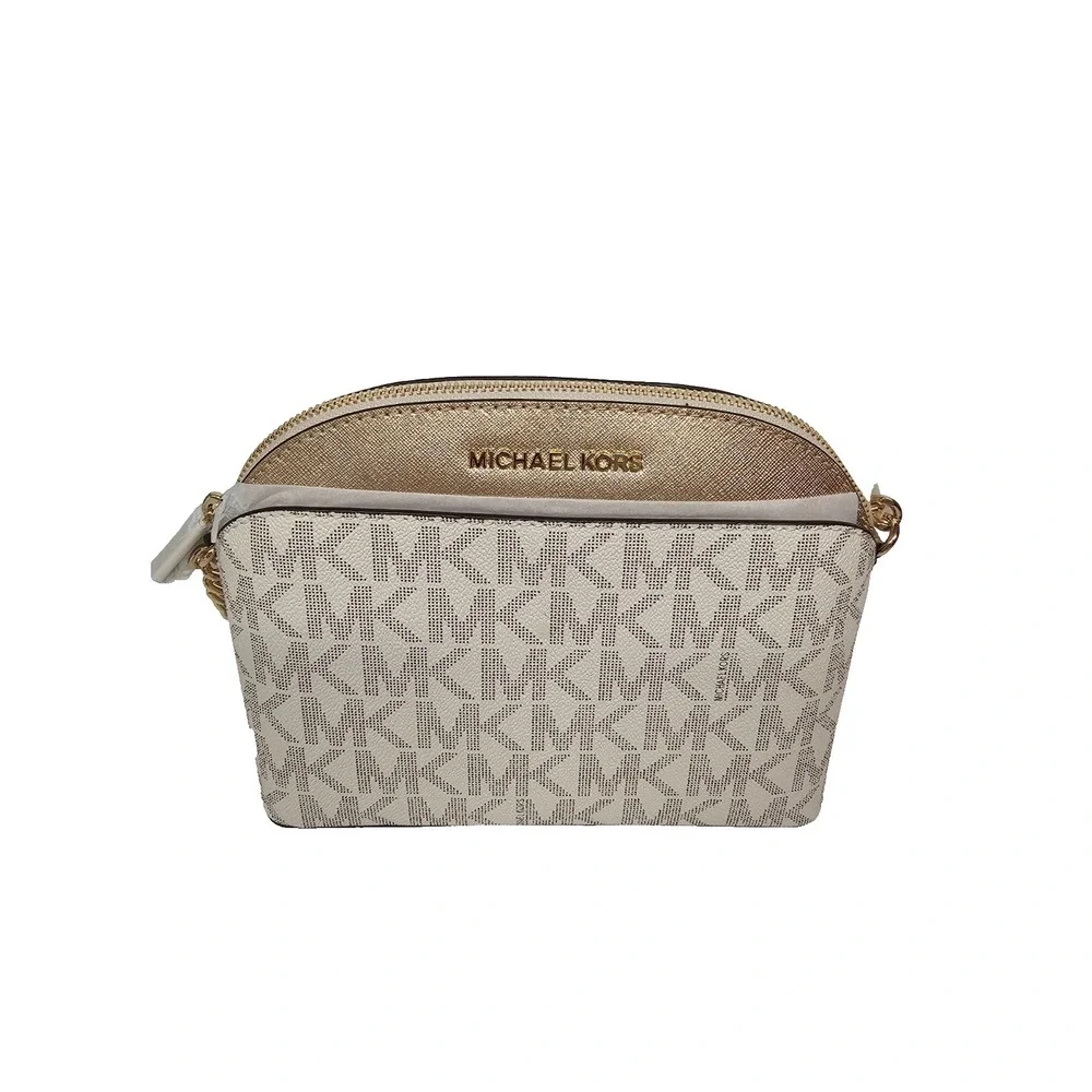 Michael Michael Kors Vanilla and Pale Gold Logo Print Leather Emmy Crossbody Bag